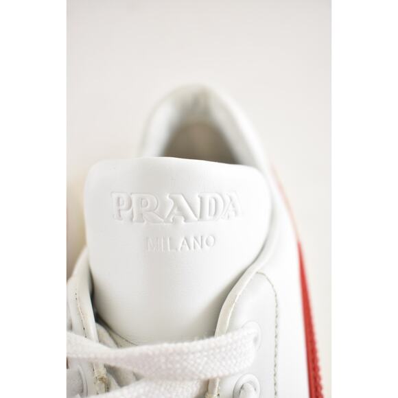 Prada Band White Red Stripe Logo Lace Up Tie Flat Low Top Trainer Sneaker 36.5 - Picture 11 of 16